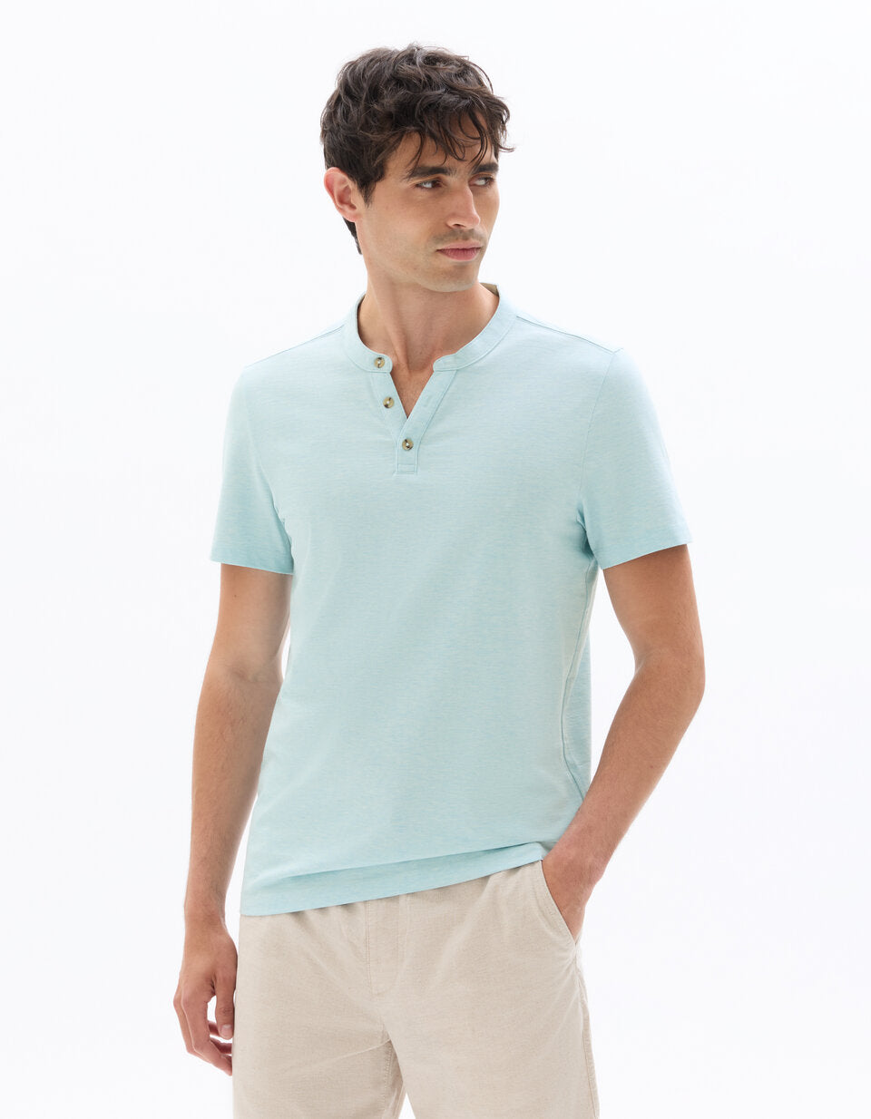 Regular-Fit Cotton-Blend Henley T-Shirt - Light Blue — view 3