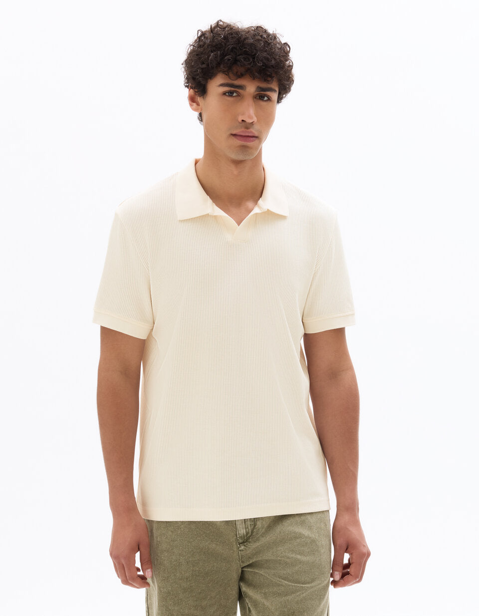 Regular-Fit Pure Cotton Rib-Knit Polo Shirt - Ecru — view 3