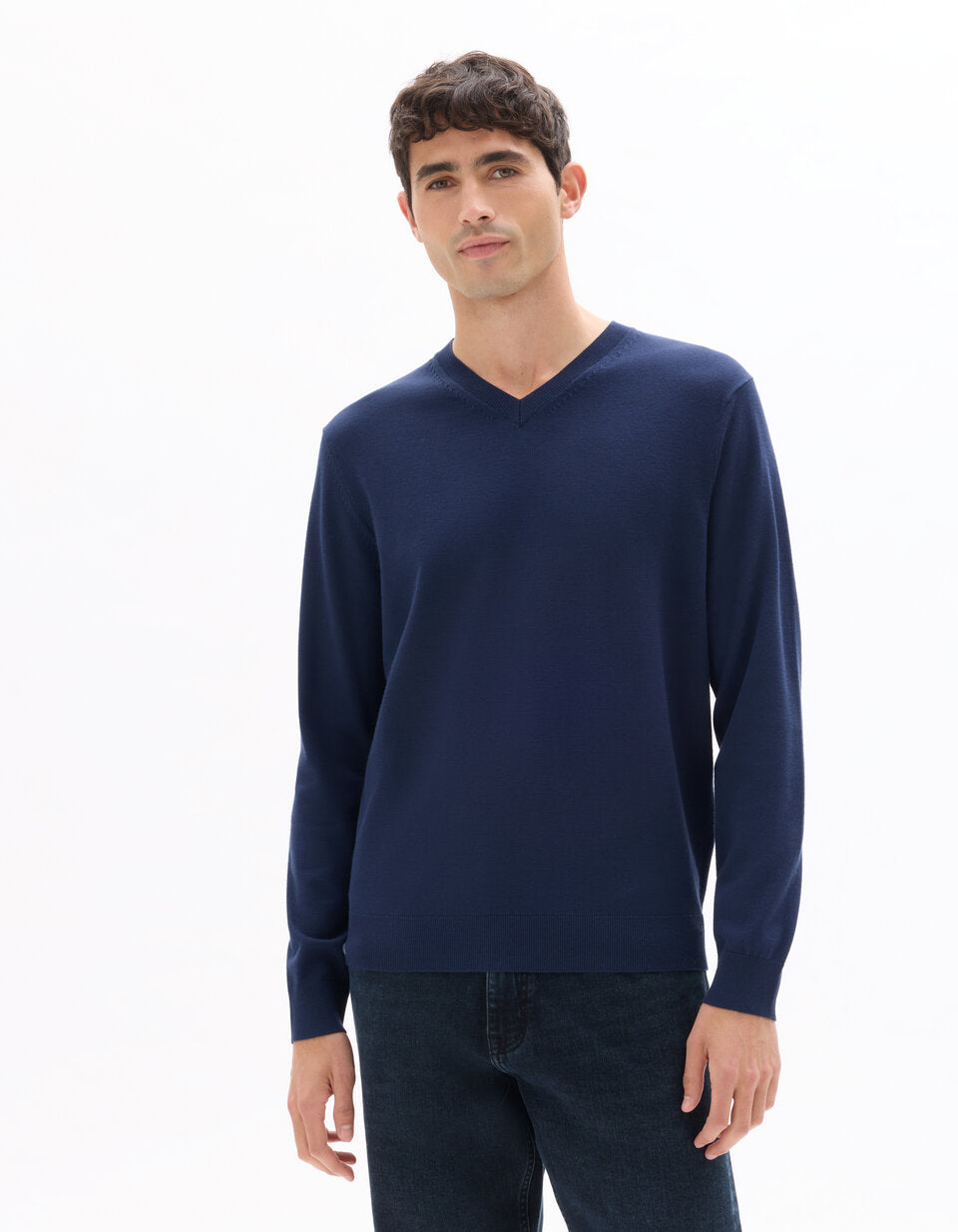 Fine-Knit V-Neck Sweater - Navy — view 3