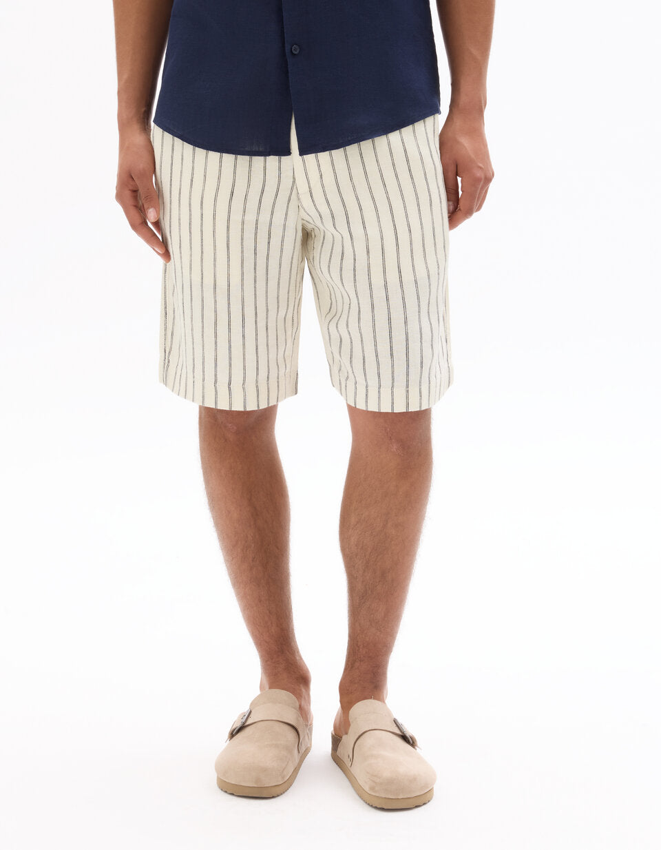 Striped Pure Linen Bermuda Shorts - White — view 3