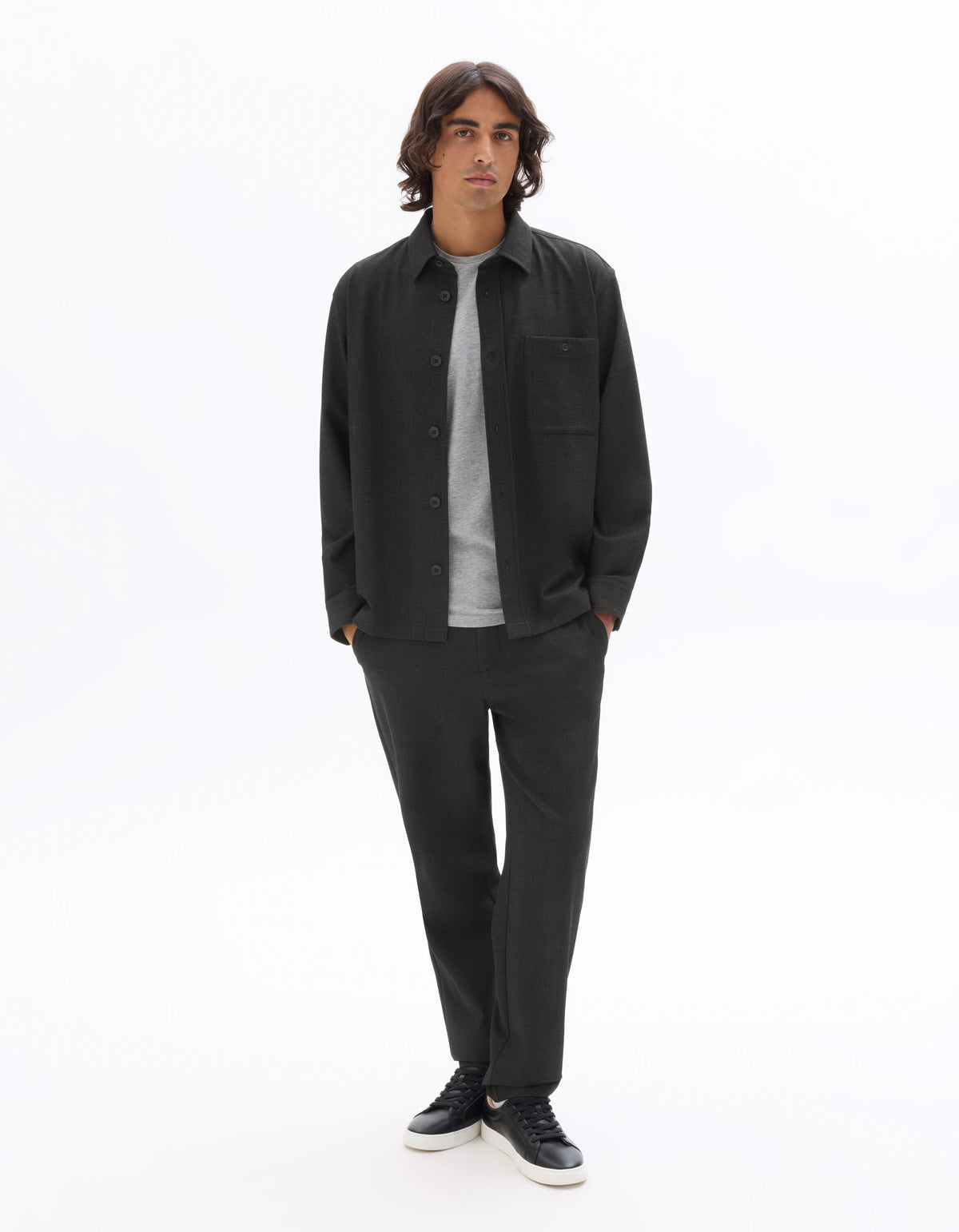 Textured Solid Overshirt with Pocket - Anthracite — view 3