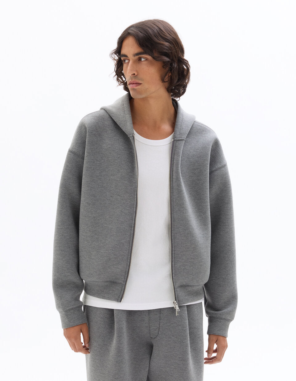 Oversized Cropped Scuba Zip Hoodie - Grey — view 3