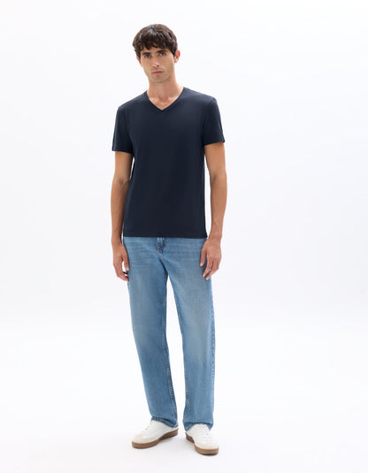 Slim-Fit Stretch Cotton V-Neck T-Shirt - Navy — view 3