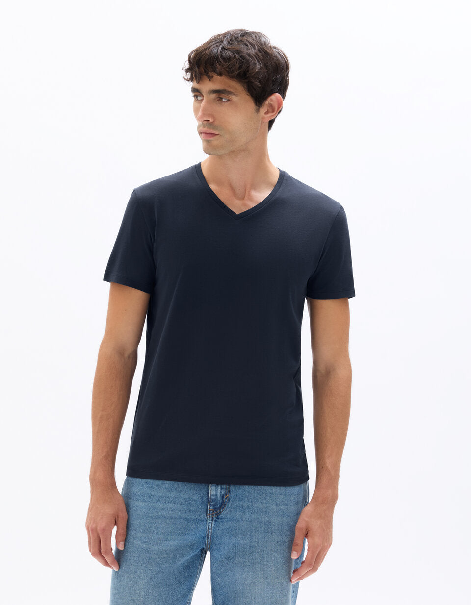 Slim-Fit Stretch Cotton V-Neck T-Shirt - Navy — view 2