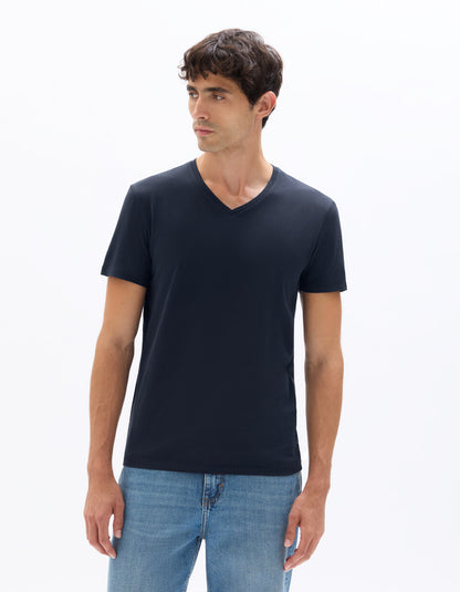 Slim-Fit Stretch Cotton V-Neck T-Shirt - Navy — view 2