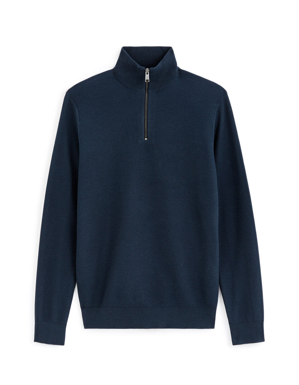 Pure Cotton Pique Zip-Neck Sweater - Navy — view 1