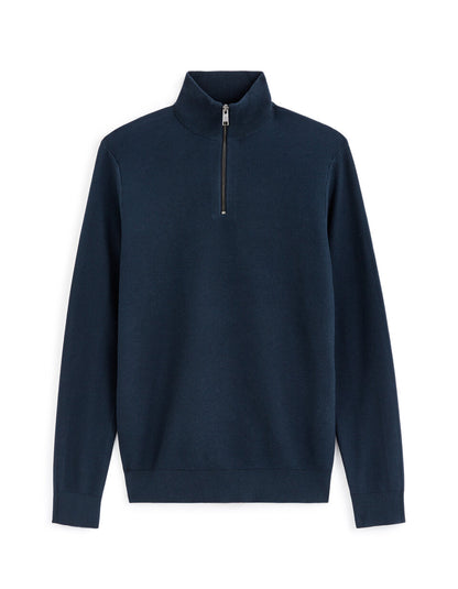 Pure Cotton Pique Zip-Neck Sweater - Navy — view 1