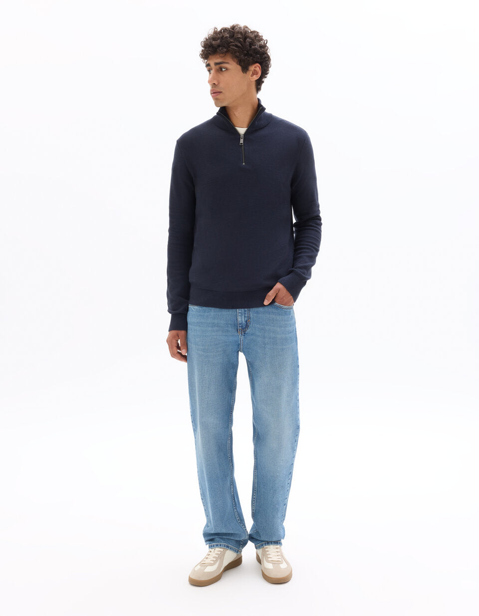Pure Cotton Pique Zip-Neck Sweater - Navy — view 3