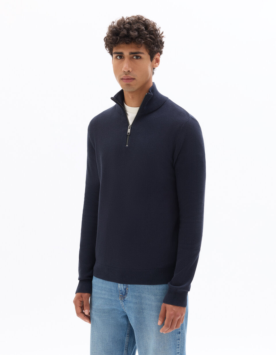 Pure Cotton Pique Zip-Neck Sweater - Navy — view 2