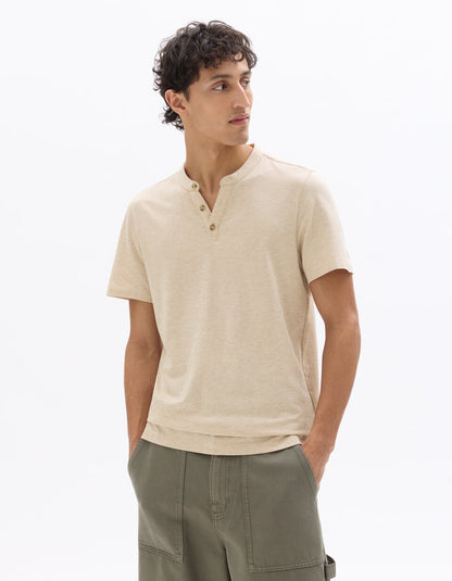 Regular-Fit Cotton-Blend Henley T-Shirt - Beige — view 3