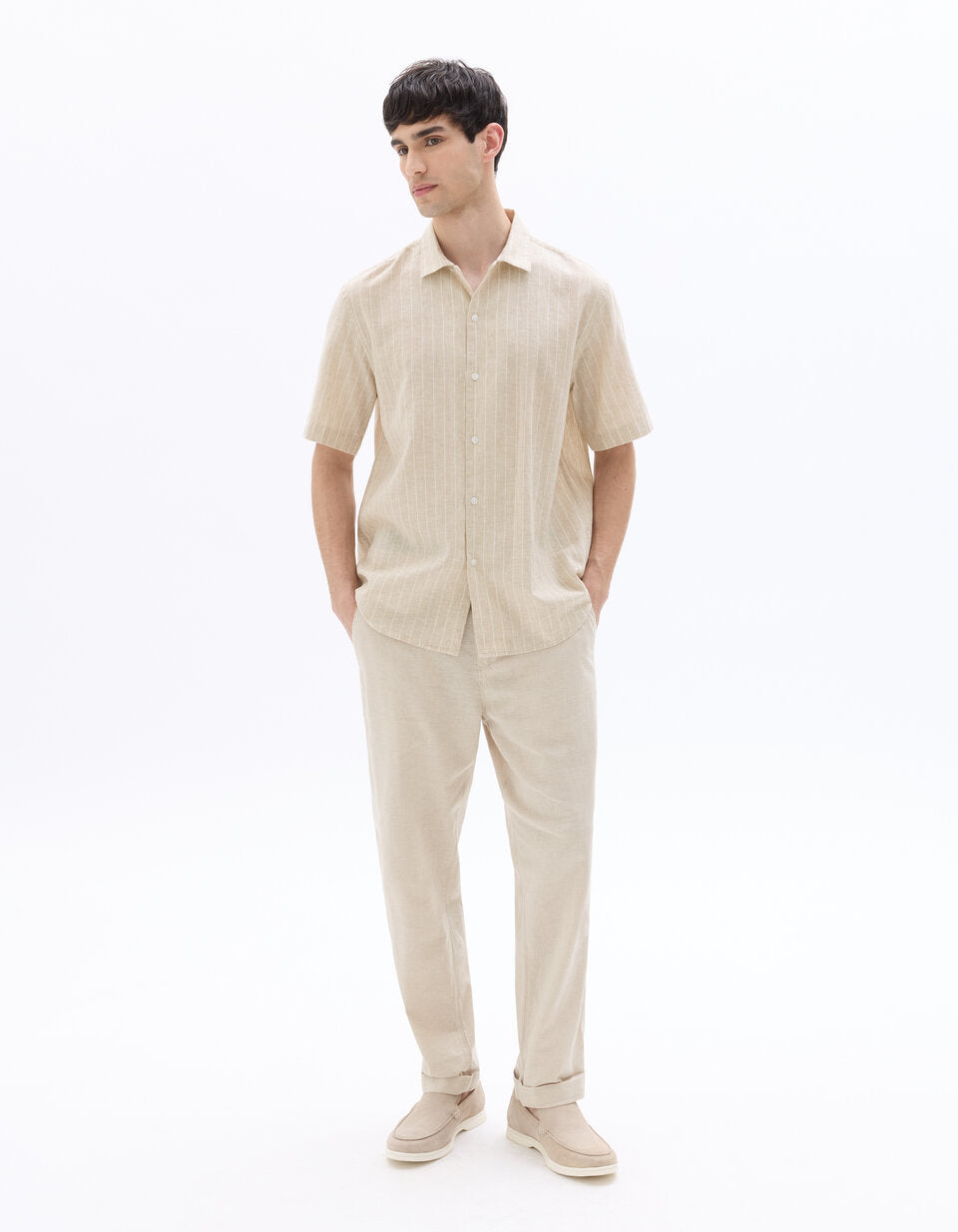 Straight-Fit Linen-Cotton Trousers - Natural — view 3