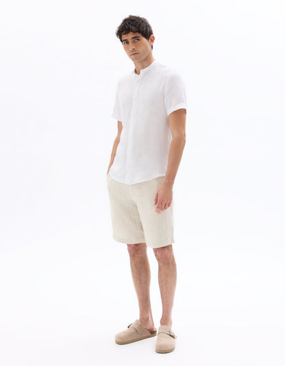 Regular-Fit Pure Linen Mandarin-Collar Short-Sleeve Shirt - White — view 3