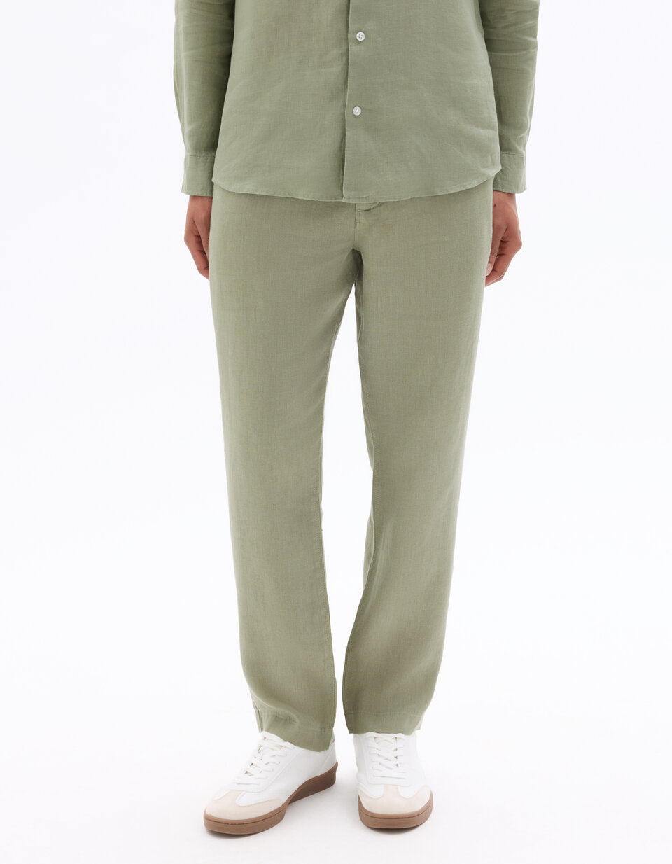 Straight-Fit Pure Linen Trousers - Sage Green — view 2