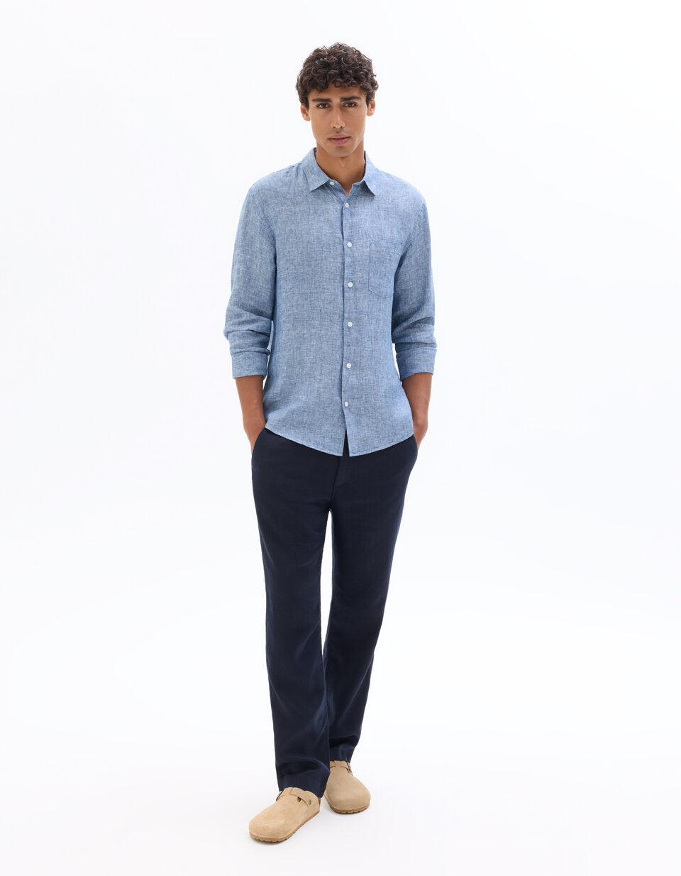Straight-Fit Pure Linen Trousers - Navy — view 3
