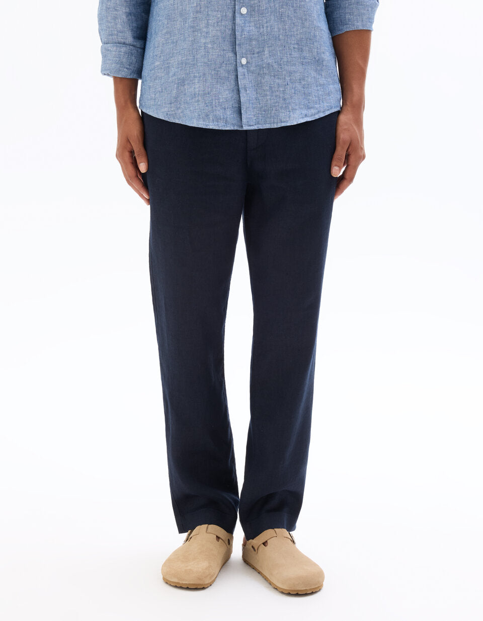 Straight-Fit Pure Linen Trousers - Navy — view 2