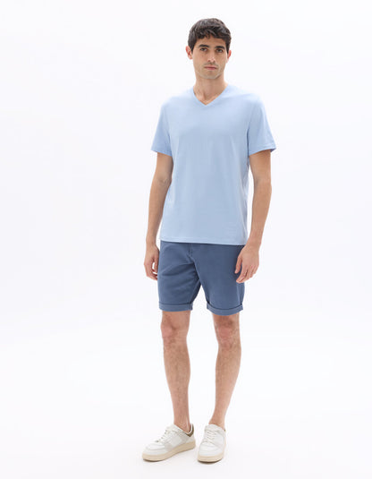 Regular-Fit Pure Cotton V-Neck T-Shirt - Medium Blue — view 2