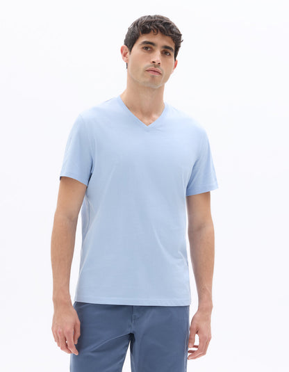 Regular-Fit Pure Cotton V-Neck T-Shirt - Medium Blue — view 3