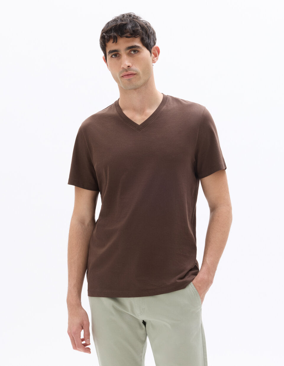 Regular-Fit Pure Cotton V-Neck T-Shirt - Brown — view 3