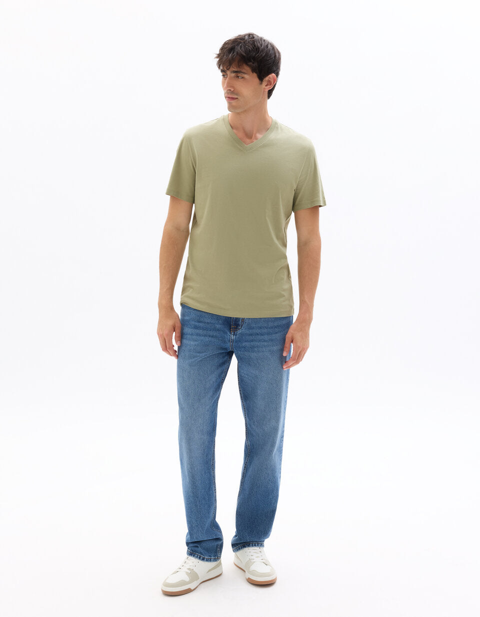 Regular-Fit Pure Cotton V-Neck T-Shirt - Tea Green — view 3