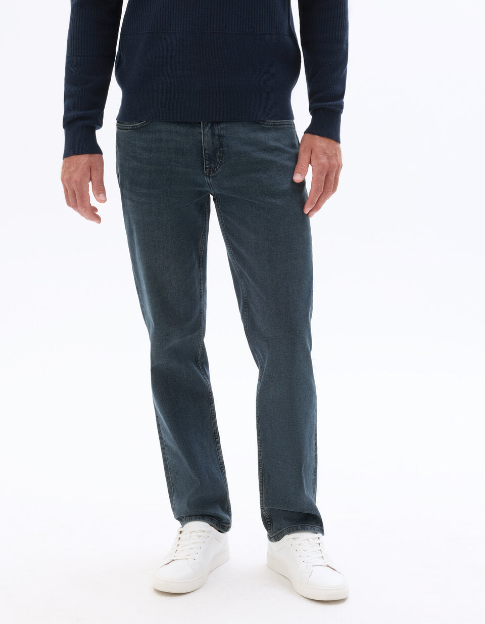 Straight-Fit Stretch Cotton Jeans - Dark Blue — view 3
