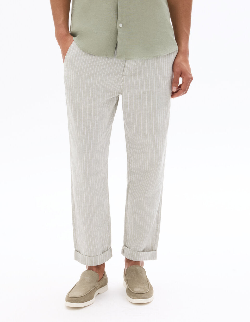 Striped Linen-Cotton Trousers - Green — view 3