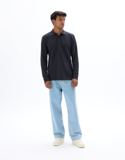Regular-Fit Long-Sleeve Pique Polo Shirt - Ink — view 2