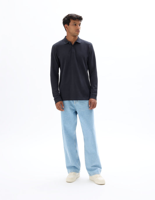 Regular-Fit Long-Sleeve Pique Polo Shirt - Ink — view 2