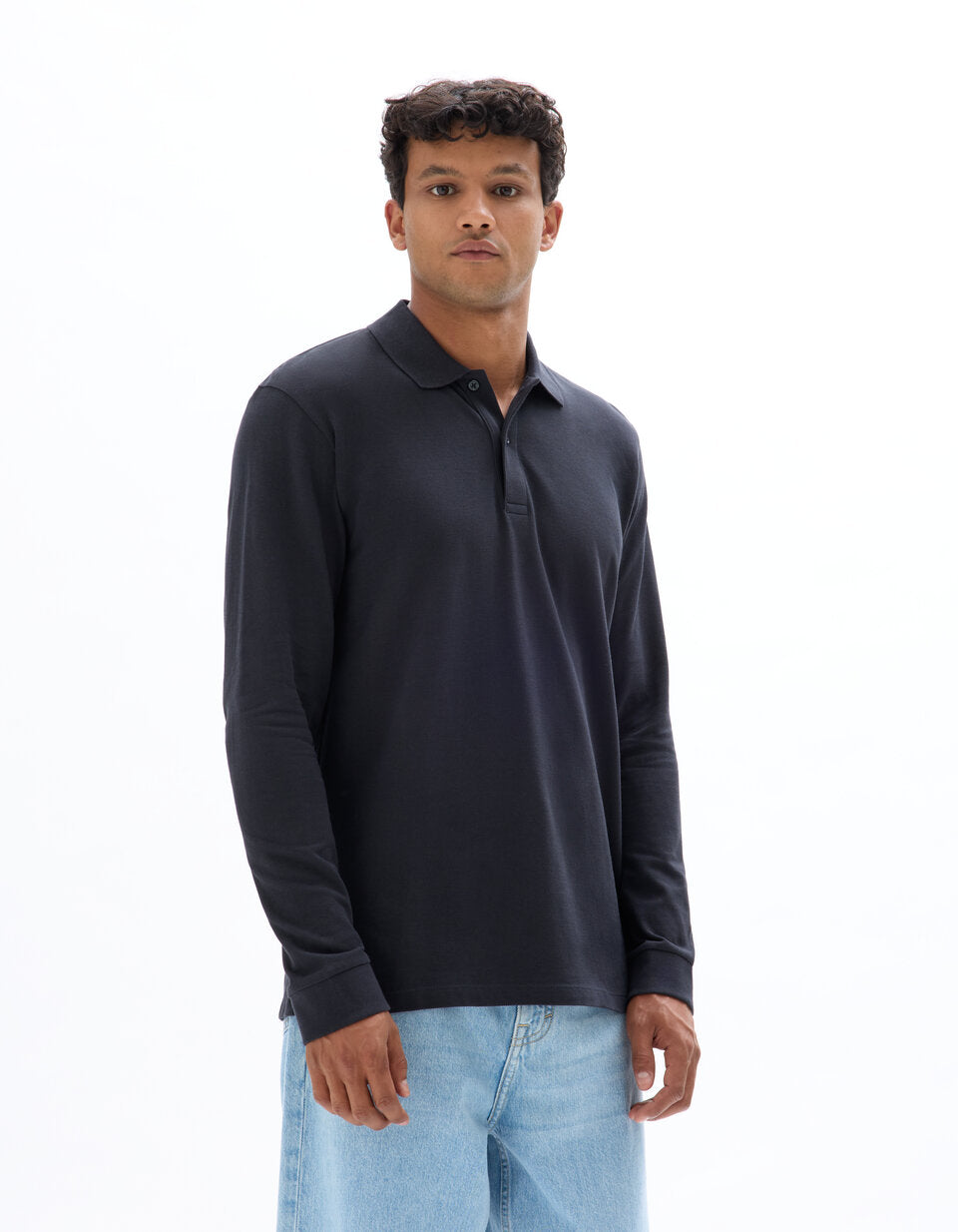 Regular-Fit Long-Sleeve Pique Polo Shirt - Ink — view 3