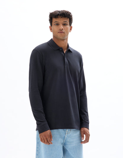 Regular-Fit Long-Sleeve Pique Polo Shirt - Ink — view 3