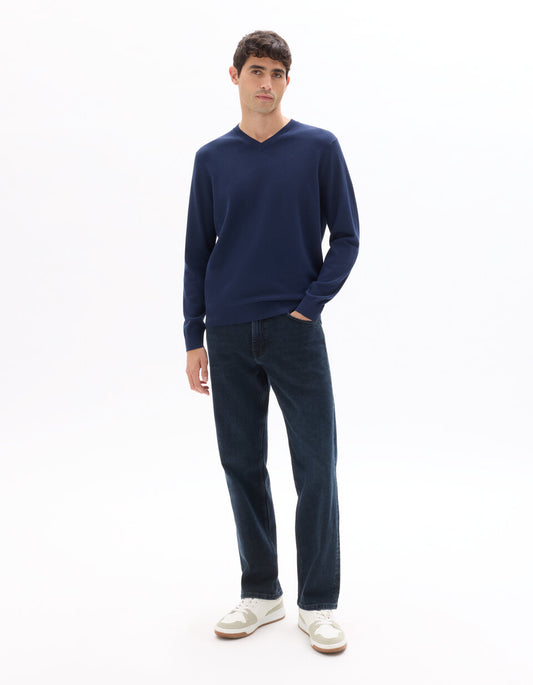 Fine-Knit V-Neck Sweater - Navy — view 2