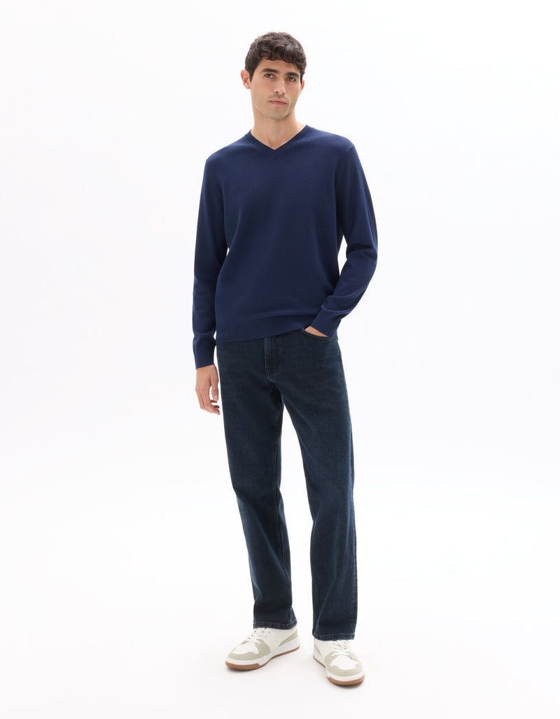 Fine-Knit V-Neck Sweater - Navy — view 2