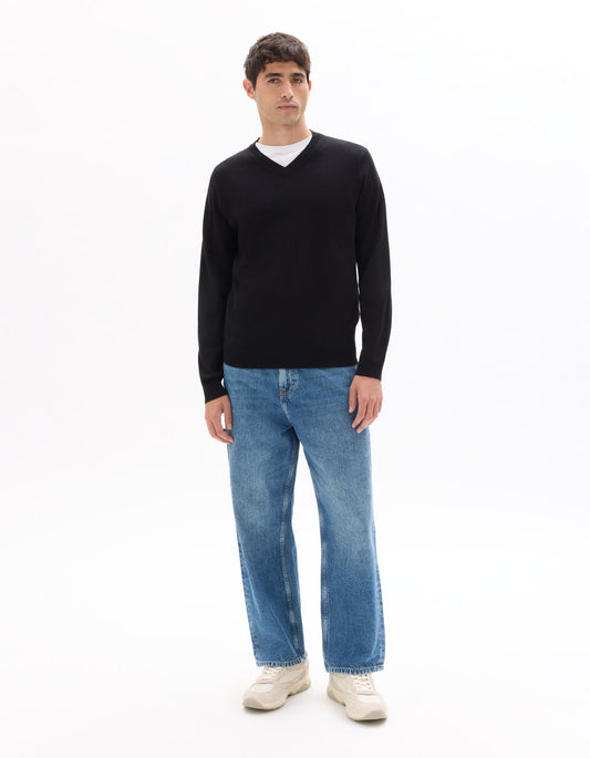 Fine-Knit V-Neck Sweater - Black — view 2