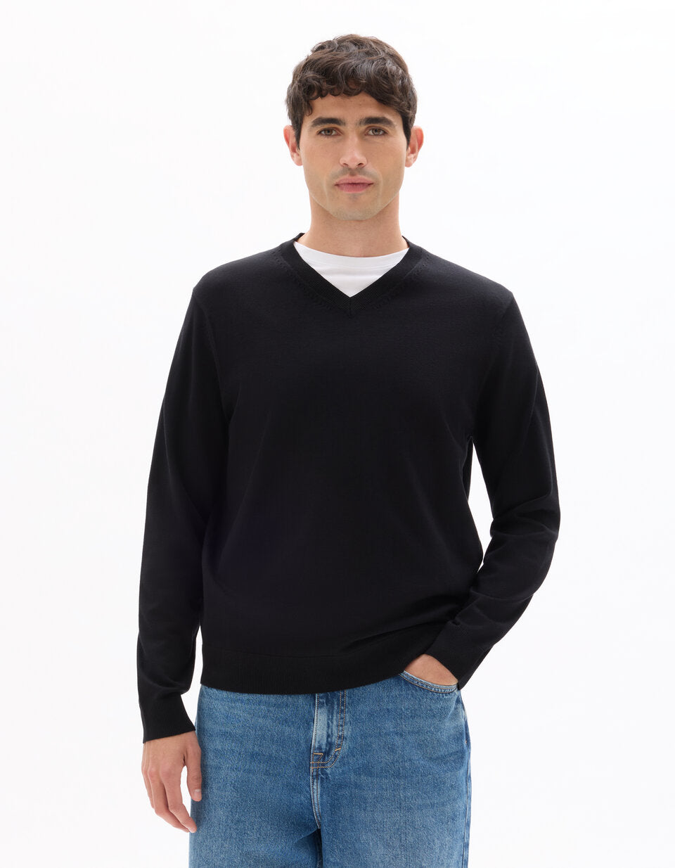 Fine-Knit V-Neck Sweater - Black — view 3