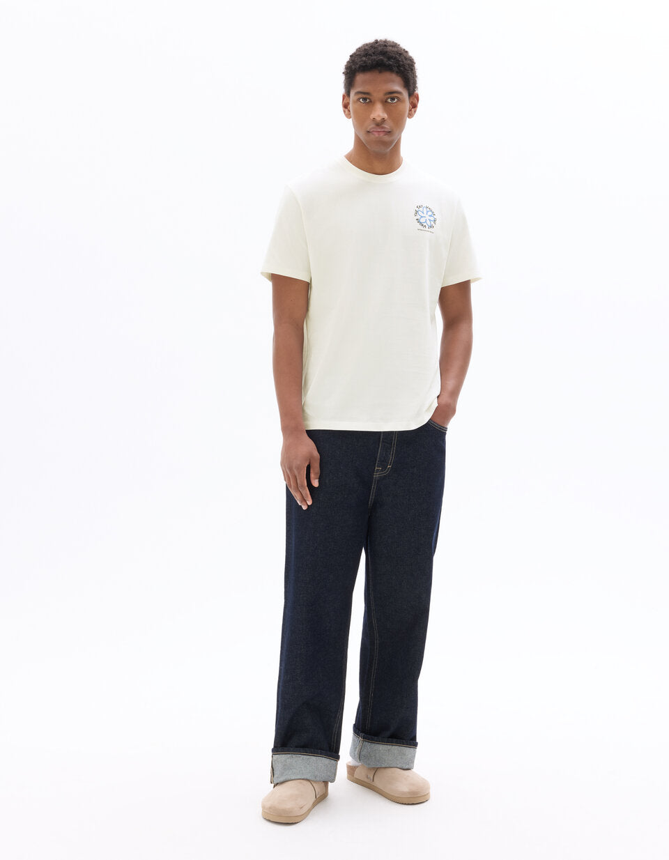 Boxy Pure Cotton Crew-Neck Naive Print T-Shirt - Ecru — view 3