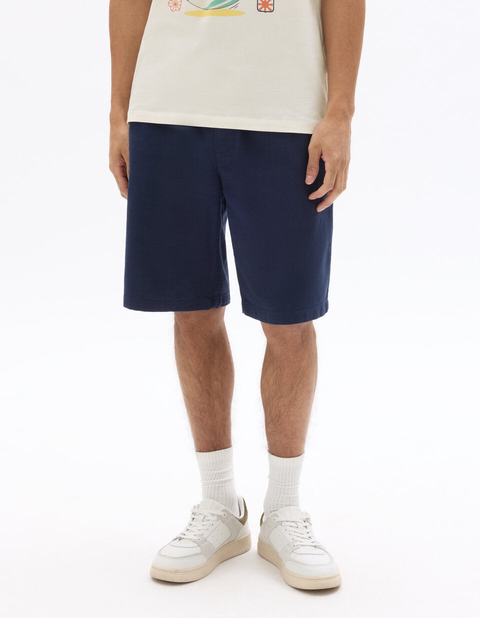 Textured Pure Cotton Bermuda Shorts - Navy — view 3