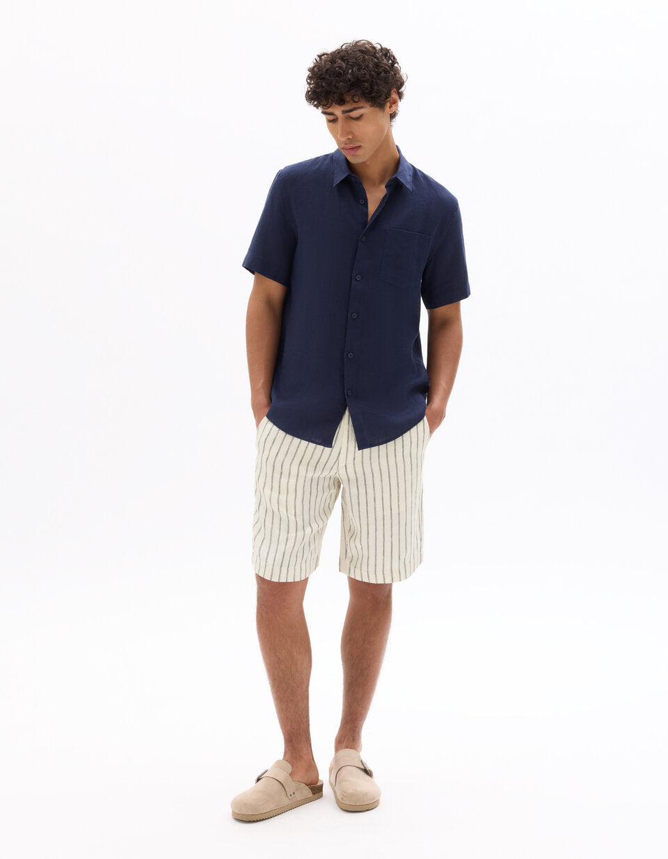 Striped Pure Linen Bermuda Shorts - White — view 2