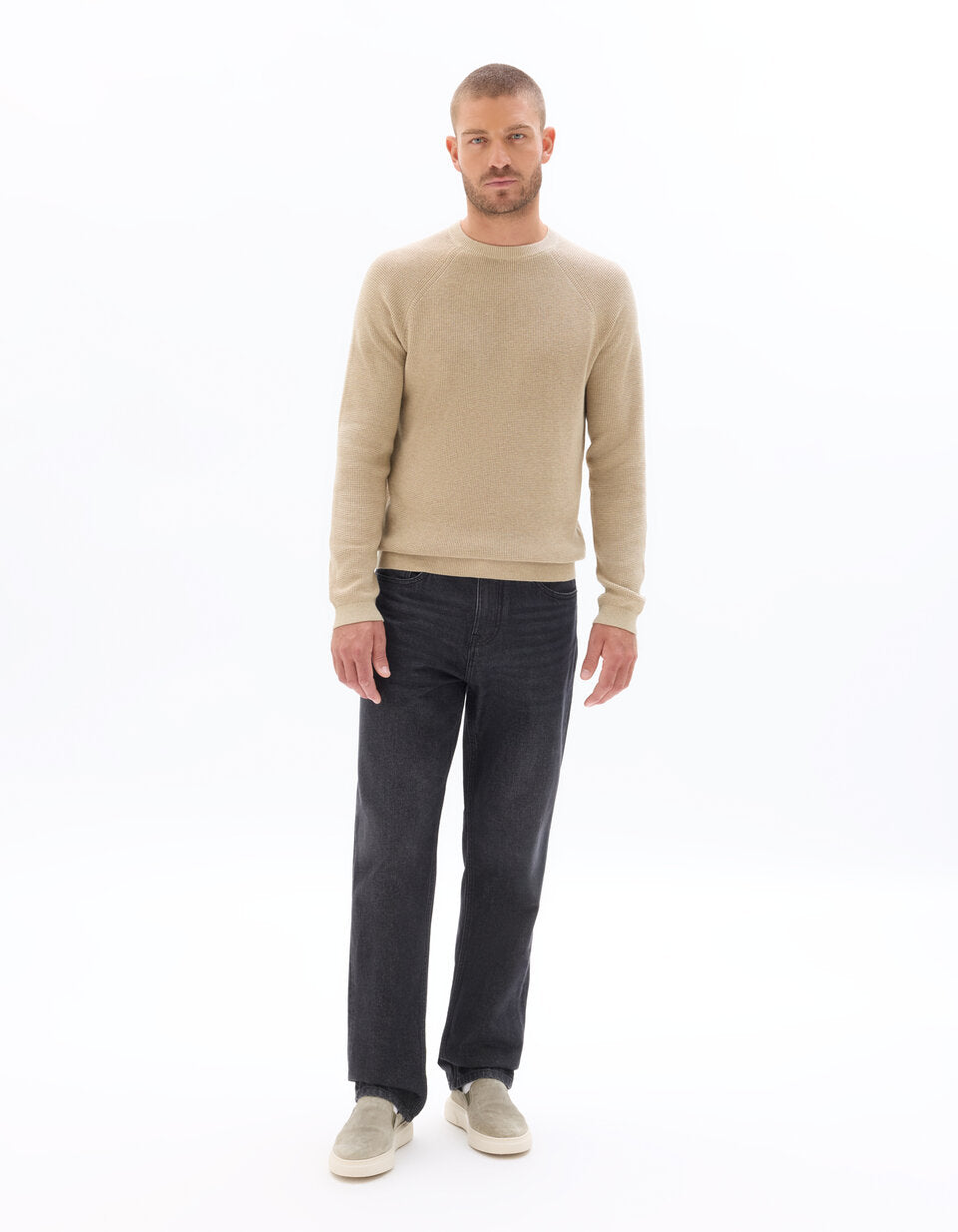 Regular-Fit Waffle-Texture Crew-Neck Sweater - Beige — view 2