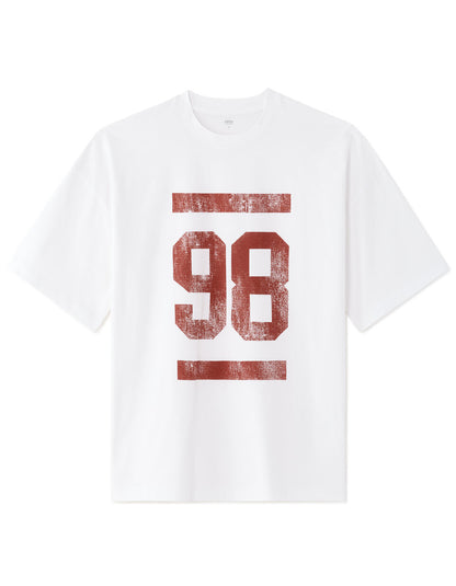 Oversized Pure Cotton 98 Print Crew-Neck T-Shirt - White — view 1