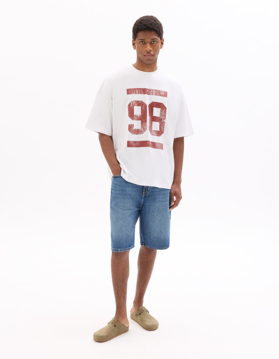 Oversized Pure Cotton 98 Print Crew-Neck T-Shirt - White — view 2