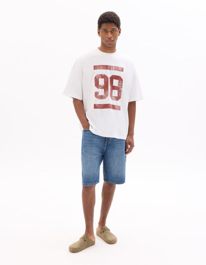 Oversized Pure Cotton 98 Print Crew-Neck T-Shirt - White — view 2