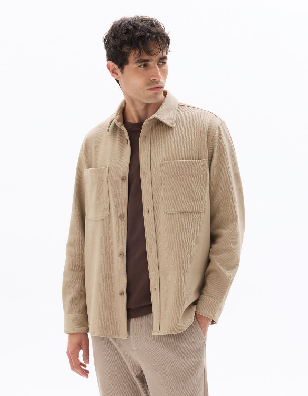 Twill Overshirt with Two Patch Pockets - Light Brown — view 2