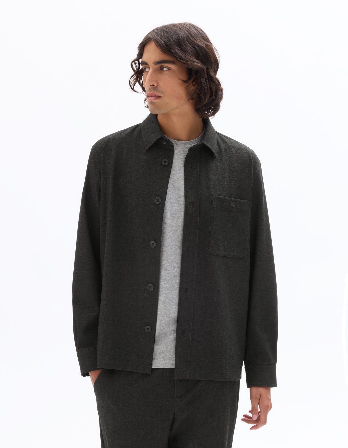 Textured Solid Overshirt with Pocket - Anthracite — view 2