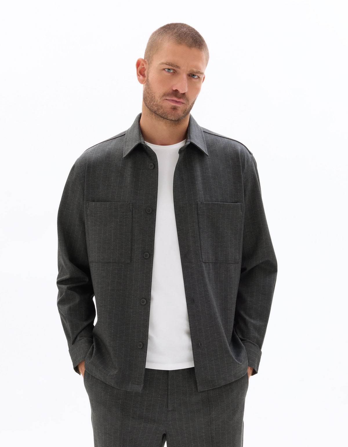 Striped Heavy Knit Overshirt - Grey — view 2